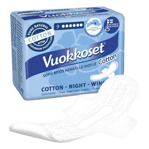 Прокладки Vuokkoset (Вуоккосет), женские, Cotton Night Wings, 9 шт, в Летуаль